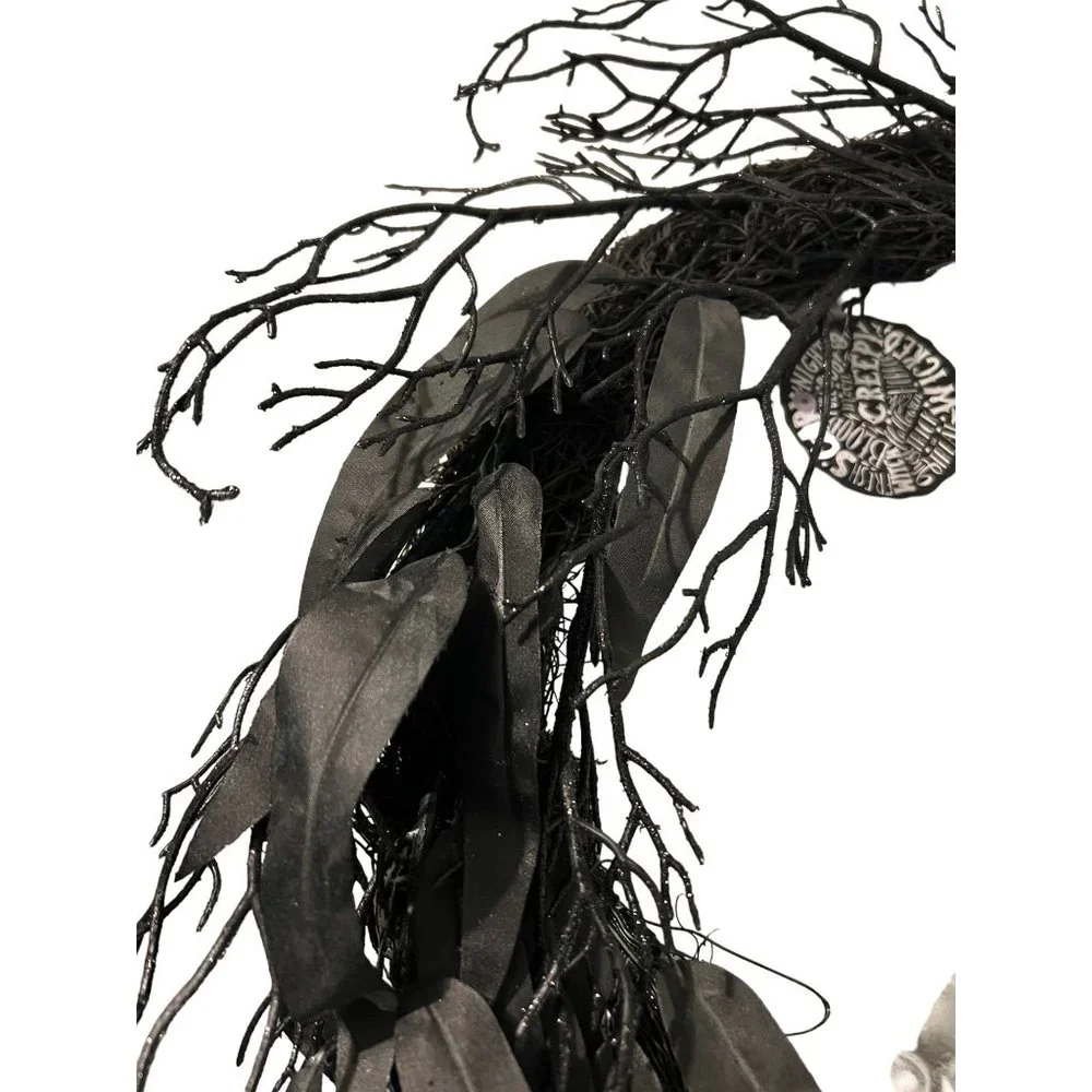 Halloween Black Grapevine Wreath Leaves Black Dangles Silver Skull 18